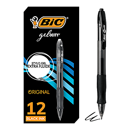 BIC® Gelocity™ Retractable Gel Ink Pens, Medium Point, 0.7 mm, Black Barrel, Black Ink, Pack Of 12