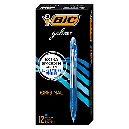 BIC® Gel-ocity Original Long Lasting Retractable Gel Pens, Medium Point, 0.7 mm, Blue Barrel, Blue Ink, Pack Of 12