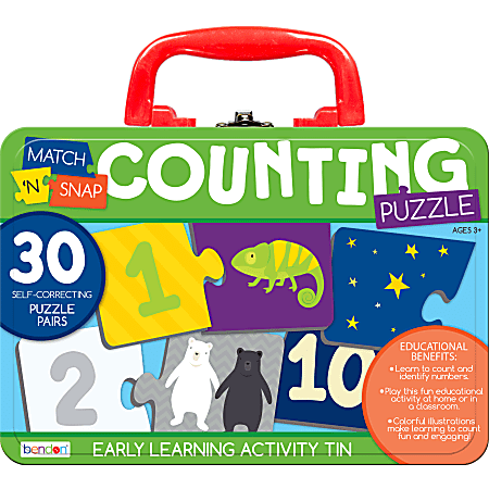 Bendon, Inc. Match N' Snap Puzzles In Lunchbox Tin, Counting, Set Of 30 Puzzle Pairs