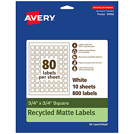 Avery® Recycled Paper Labels, 94102-EWMP10, Square, 3/4" x 3/4", White, Pack Of 800