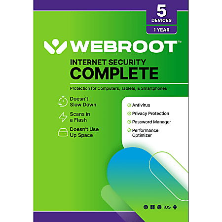 Webroot® Internet Security Complete With Antivirus Protection 2020, For 5 PC And Mac® Devices, 1-Year Subscription, Disc