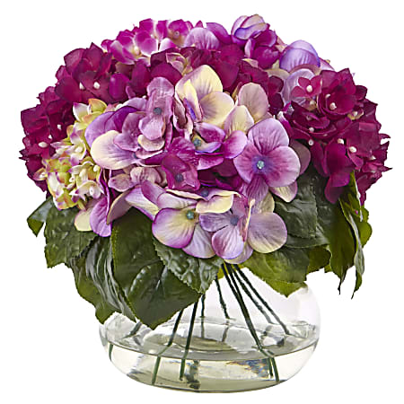 Nearly Natural Hydrangea 11”H Plastic Floral Arrangement With Round Glass Vase, 11”H x 12”W x 12”D, Multi-Tone Beauty