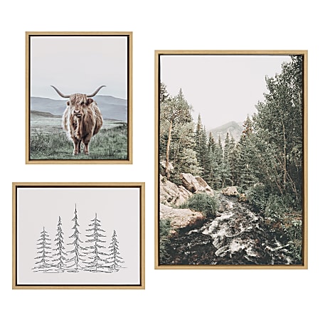 Uniek Kate And Laurel Sylvie Framed Canvas Wall Art Prints, 23" x 33", Meet Me Here, Highland Cow Mountain Landscape And Minimalist Evergreen Trees, Set Of 3