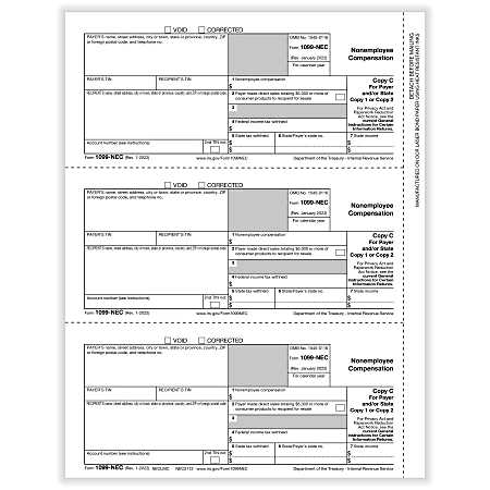 ComplyRight® 1099-NEC Tax Forms, Payer Copy C, 3-Up, Laser, 8-1/2" x 11", Pack Of 150 Forms