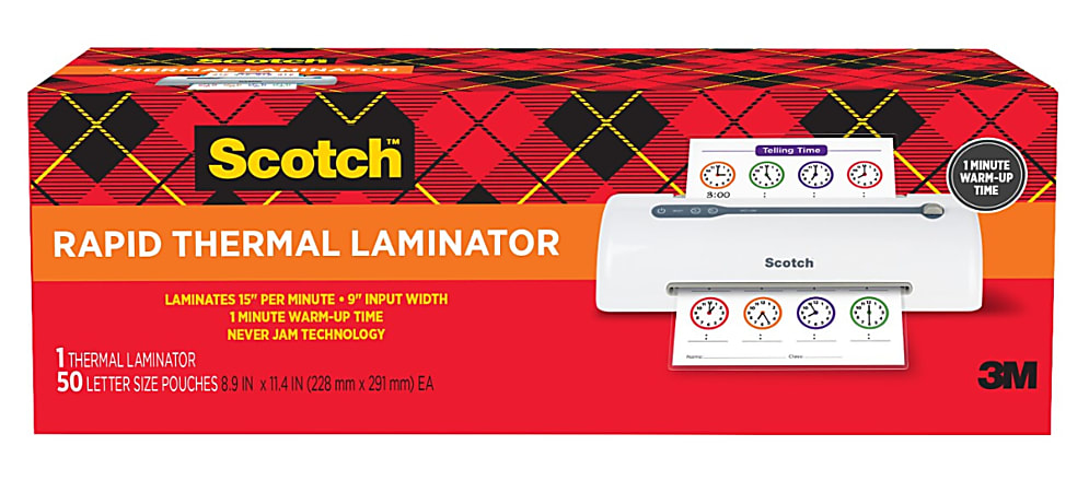 Scotch® Rapid Thermal Laminator Combo Pack, 1 White Thermal Laminator 9" Wide, 50 Laminating Sheets, Fits Letter Size