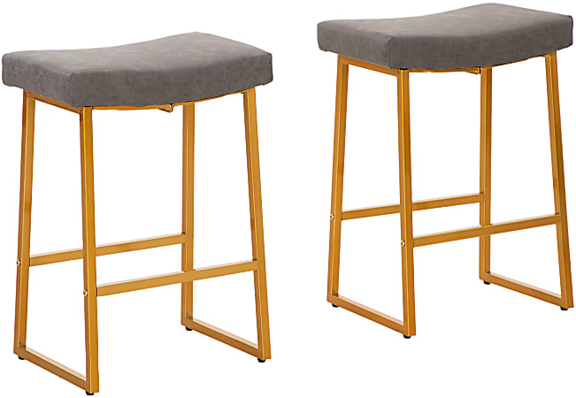 ALPHA HOME Saddle Design PU Leather Counter Height Stools GrayGold