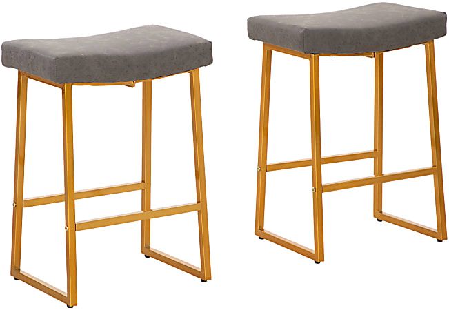 ALPHA HOME Saddle Design PU Leather Counter-Height Stools, Gray/Gold, Set Of 2 Stools