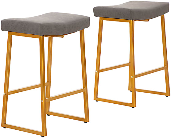 ALPHA HOME Saddle Design PU Leather Counter Height Stools GrayGold