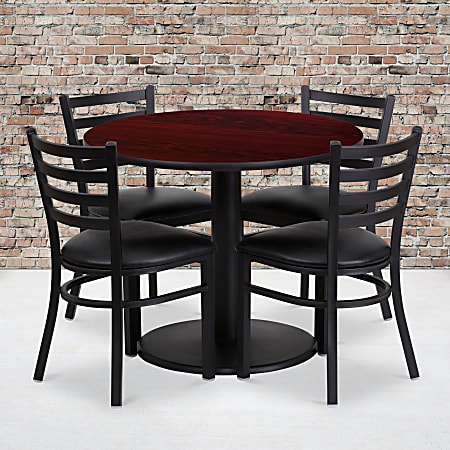 Flash Furniture Round Laminate Table Set With Round Base And 4 Ladder-Back Metal Chairs, 30"H x 36"W x 36"D, Mahogany/Black