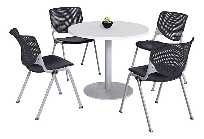 KFI Studios KOOL Round Pedestal Table With 4 Stacking Chairs, White/Black