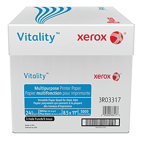 Xerox® Vitality™ 3-Hole Punched Multi-Use Printer & Copy Paper, White, Letter (8.5" x 11"), 5000 Sheets Per Case, 24 Lb, 92 Brightness, FSC® Certified, Case Of 10 Reams