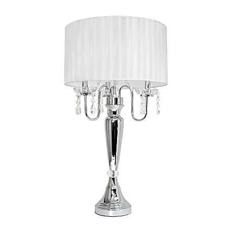 Elegant Designs Romantic Crystal-Drop Table Lamp, 27"H, White Shade/Chrome Base