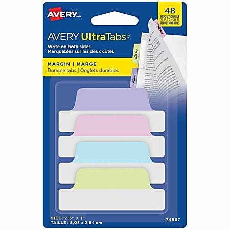 Avery® UltraTabs Repositionable Margin Tabs - Write-on Tab(s) - 1" Tab Height x 2.50" Tab Width - Assorted Pastel Tab(s) - 48 / Pack