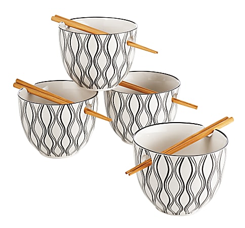 Noodle Bowls And Chopsticks, Black/White, Pack Of 4 Sets