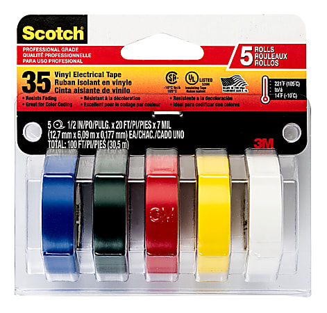 Scotch® Professional Grade Quality Electrical Tape, 5 Tape Rolls, 0.5 in x 6.67 ft, 1" Core
