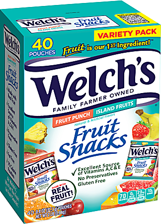 Welch's Fruit Snacks, Fruit Punch/Island Fruits, 0.8 Oz, Pack Of 40 Pouches