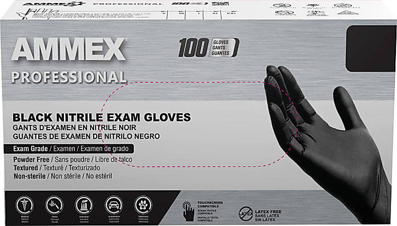 Ammex Professional Powder-Free Exam-Grade Nitrile Gloves, Medium, Black, Box Of 100 Gloves