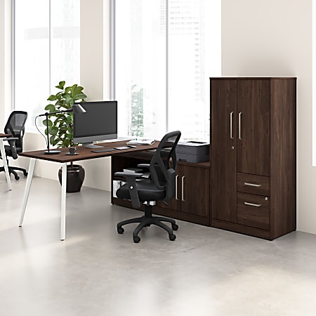 Bush Business Furniture Vista 72"W Corner Desk with Metal Legs, Low Storage Cabinet, and Wardrobe, Black Walnut, Standard Delivery