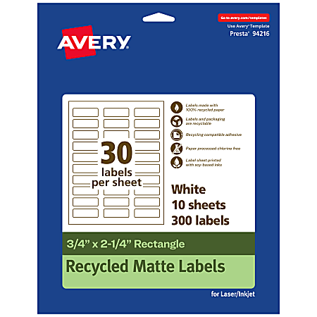 Avery® Recycled Paper Labels, 94216-EWMP10, Rectangle, 3/4" x 2-1/4", White, Pack Of 300