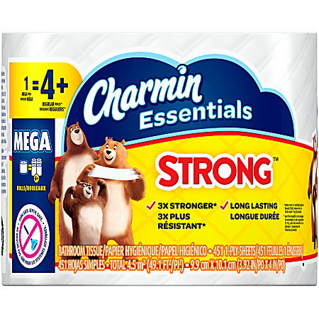 Charmin® Essentials® Strong 1-Ply Mega Roll Toilet Paper, 451 Sheets Per Roll, Pack Of 36 Rolls