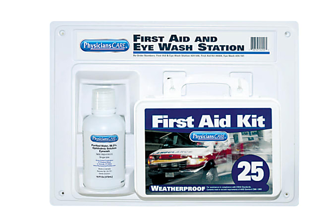 First Aid Kit and Eye Wash Station, 16 oz, 25 Person