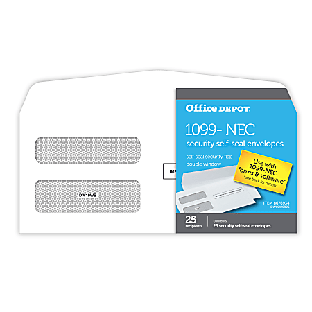 Office Depot® Brand Double-Window Self-Seal Envelopes For 1099-NEC, 3-Up Tax Forms, 8-3/8"W x 3-7/8"H, White, Pack Of 25 Envelopes