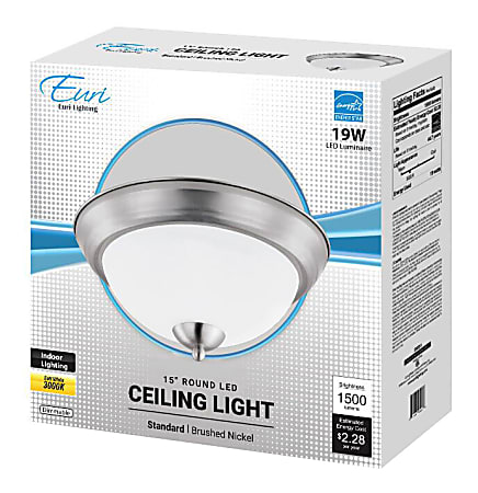 Euri Indoor Round LED Ceiling Light Fixture, 15", Dimmable, 3000K, 19 Watts, 1,500 Lumens, Brushed Aluminum/Etched Glass