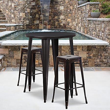 Flash Furniture Commercial-Grade Round Metal Indoor-Outdoor Bar Table Set With 2 Square-Seat Backless Stools, 41"H x 30"W x 30"D, Black/Antique Gold