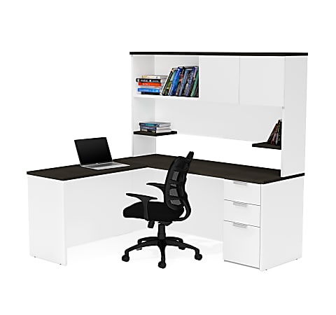 Bestar Pro-Concept Plus 72"W L-Shaped Corner Desk With Pedestal And Hutch, White/Deep Gray