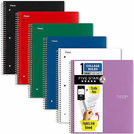 Mead® Five Star® Spiral Notebooks, 1 Subject, College Ruled, 100 Sheets, Assorted, Pack Of 6