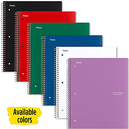 Mead Five Star Subject Spiral Notebook - 1 Subject(s) - 100 Sheets - Wire Bound - 3 Hole(s) - 11" x 8 1/2" - 3" x 10"11" - Assorted Cover - 6 / Pack