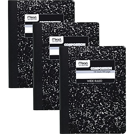 Mead Wide Ruled Comp Book - 100 Sheets - 100 Pages - Sewn - 9 3/4" x 7 1/2" - 9" x 7"0.5" - Black Marble Cover - Multiplication Table, Conversion Table, Reference Page - 3 / Pack