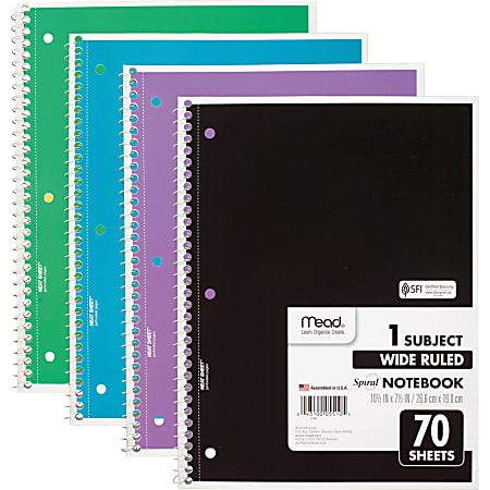 Mead® Spiral Notebooks, 1 Subject, Wide Ruled, 70 Sheets, Assorted Colors, Pack Of 4 Notebooks