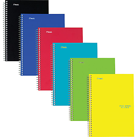Mead Five Star Wirebound Subject Notebook - 2 Subject(s) - 100 Sheets - Spiral Bound - 6" x 9 1/2" - 9" x 7"2" - Assorted Cover - Durable Cover, Bleed Resistant, Perforated, Spiral Lock, Pocket Divider, Durable Cover, Smooth - 6 / Pack