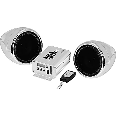 BOSS AUDIO MC500 Chrome 600 watt Motorcycle/ATV Sound System with Built-in FM Tuner with One Pair of 3 Inch Weather Proof Speakers, Aux Input and Wireless Keychain Remote