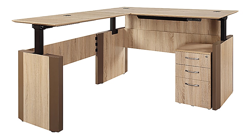 Forward Furniture Allure Height-Adjustable L-Desk With Center Drawer And 3-Drawer Box/File Pedestal, 66" x 78", Sunlight Ash/Brown