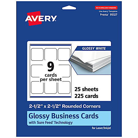 Avery® Printable Rounded Corner Business Cards With Sure Feed® Technology, Print-To-The-Edge, 2.5"x2.5", Glossy White, Pack Of 225