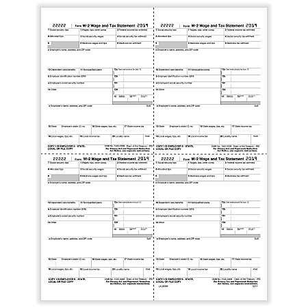 ComplyRight™ W-2 Tax Forms, Inkjet/Laser, Employer Copy 1 State, City Or Local Tax Department, 4-Up Box W-Format, 8-1/2" x 11", Pack Of 50 Forms