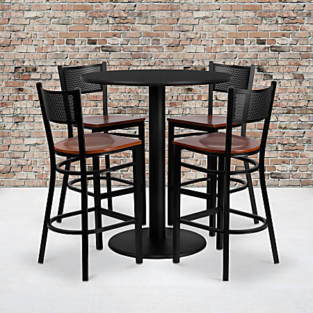 Flash Furniture Round Laminate Table Set With 4 Grid-Back Metal Barstools, 42"H x 36"W x 36"D, Black