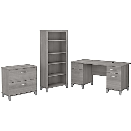 Bush Furniture 60"W Office Computer Desk With Lateral File Cabinet And 5-Shelf Bookcase, Platinum Gray, Standard Delivery