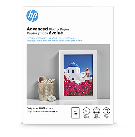 HP Advanced Photo Paper for Inkjet Printers, Glossy, 5" x 7", 66 Lb., Pack Of 60 Sheets (Q8690A)