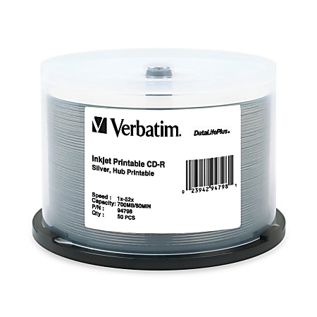 Verbatim CD-R 700MB 52X DataLifePlus Silver Inkjet Printable, Hub Printable - 50pk Spindle - Yes - Inkjet Printable