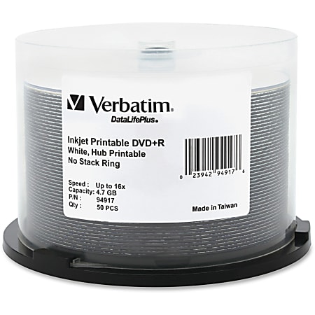 Verbatim Inkjet Printable DVDR Discs 4.7GB 16x Spindle White