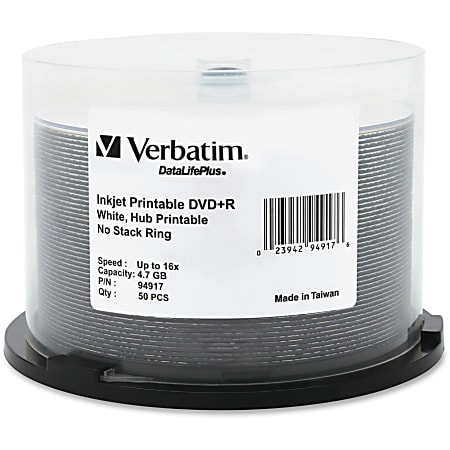 Verbatim Inkjet Printable DVD+R Discs, 4.7GB, 16x, Spindle, White, 50/Pack