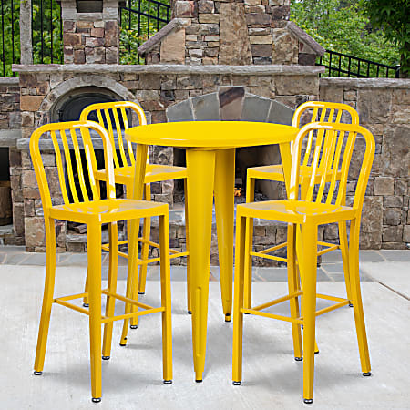 Flash Furniture Commercial-Grade Round Metal Indoor-Outdoor Bar Table Set With 4 Vertical Slat-Back Stools, 41"H x 30"W x 30"D, Yellow