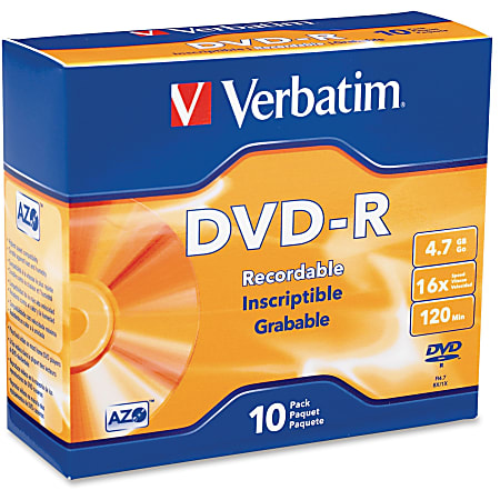 Verbatim® DVD-R Recordable Discs With Branded Surface, 4.7GB/120 MInutes, Pack Of 10