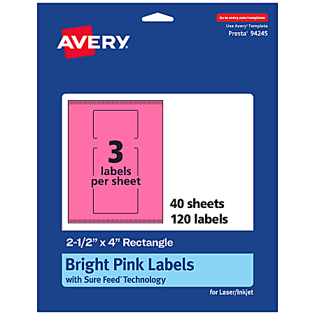 Avery® Print-To-The-Edge Labels With Sure Feed® Technology, 94245-BPP40, Rectangle, 2-1/2" x 4", Matte Bright Pink, Pack of 120