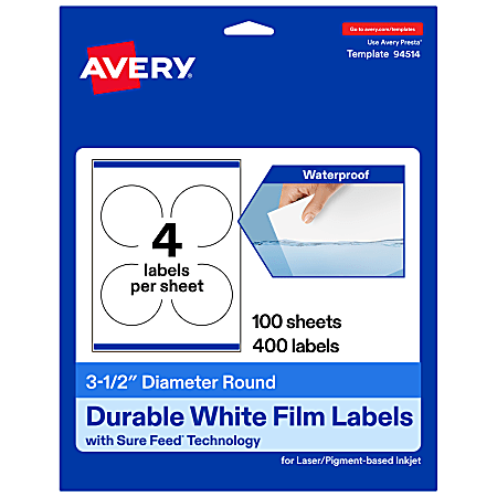 Avery® Waterproof Permanent Labels With Sure Feed®, 94514-WMF100, Round, 3-1/2" Diameter, White, Pack Of 400
