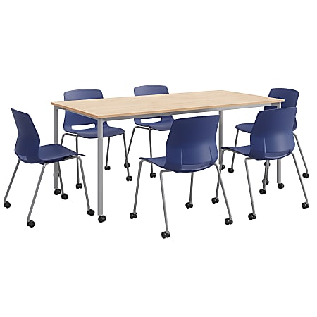 KFI Studios Dailey Table Set With 6 Caster Chairs, Natural/Gray Table/Navy Chairs