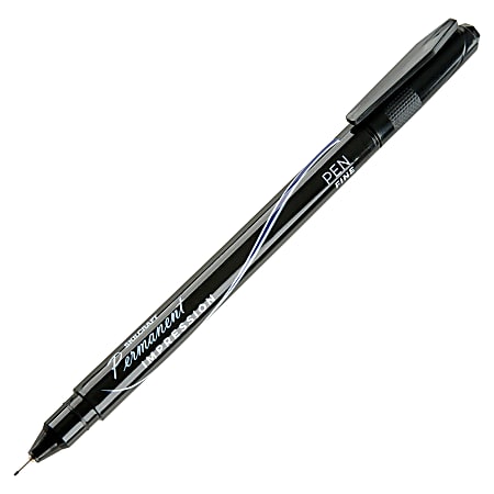 SKILCRAFT® Permanent Impression Pens, Fine Point, 0.8 mm, Black Barrel, Blue Ink, Pack Of 12